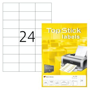 TopStick labels 24 labels/sheet, sharp corners, 70 x 37 mm, 100sheets/pack, White