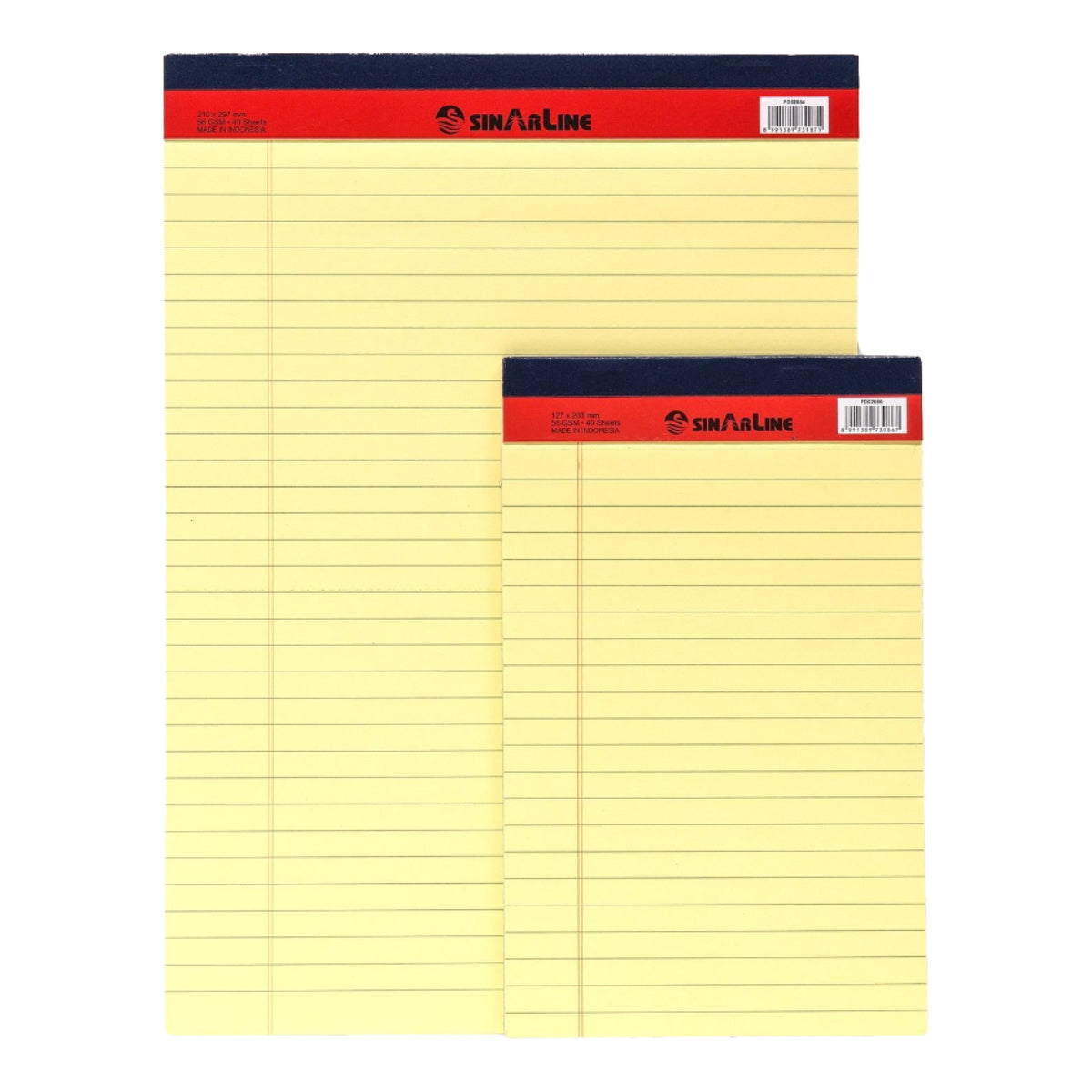 Sinarline Legal Pad, line ruled, 56gsm, 50sheets/pad, Yellow, Assorted Sizes - A5