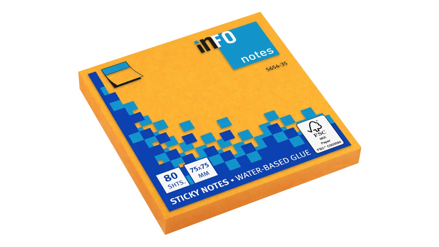 inFO 5654-32 Brilliant Sticky Notes 75x75mm Orange Pad (80shts)