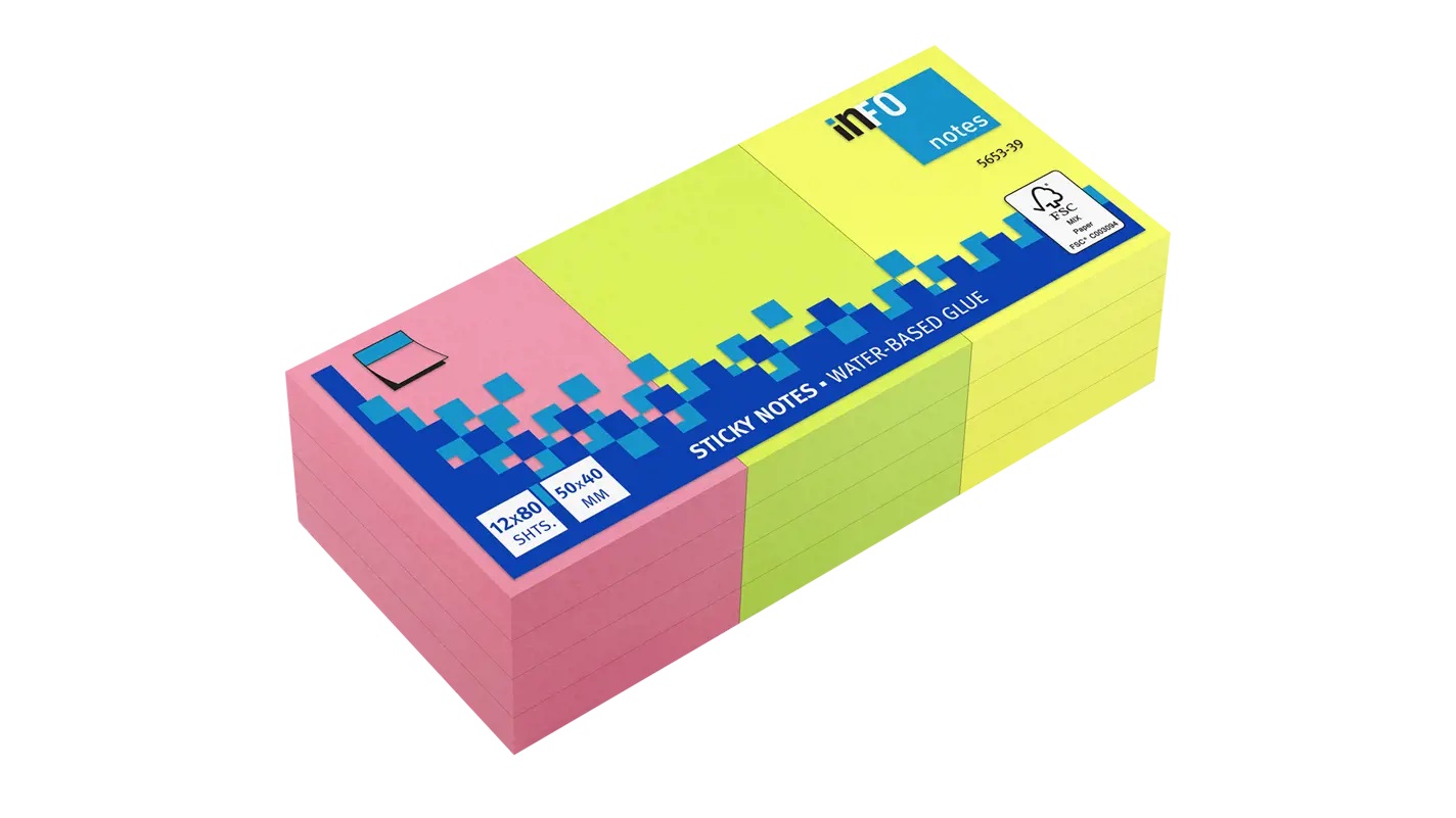 inFO 5653-39 Brilliant Sticky Notes 50x40mm 12pads (3 Colors)