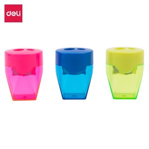 deli E39768 Pencil Sharpener, 2-hole w/canister, Assorted Colors