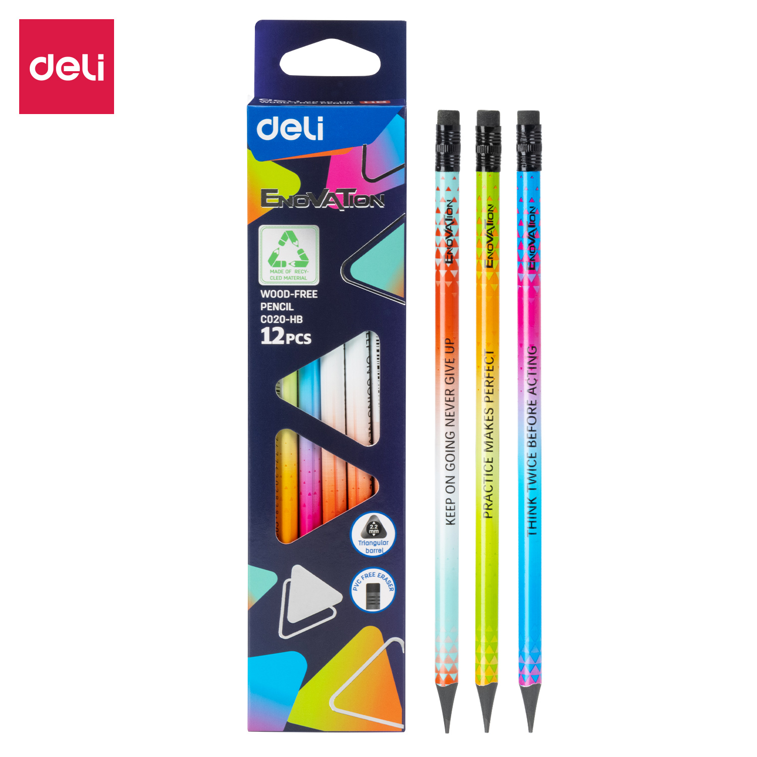 deli EC020-HB Wood Free Pencil, HB φ2.2mm Triangular Barrel, 3Colors