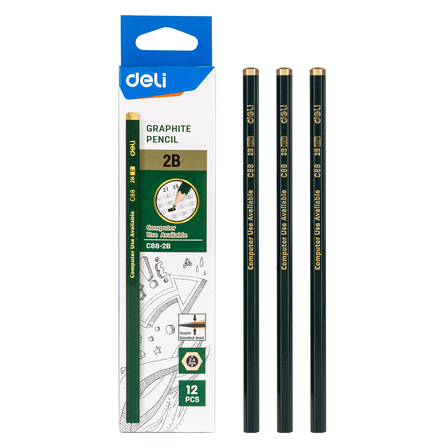 deli EC88-2B Graphite Pencil, 2B, Assorted Colors