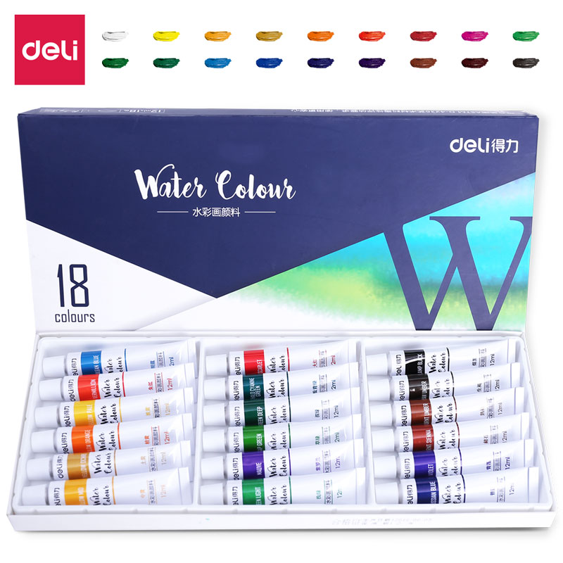 deli 73851 Watercolor Painting, 18 colors 12ml, Blue