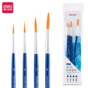 deli 73867 Watercolor Brush Set, #3,#5,#7,#9 Round head nylon wool, Blue