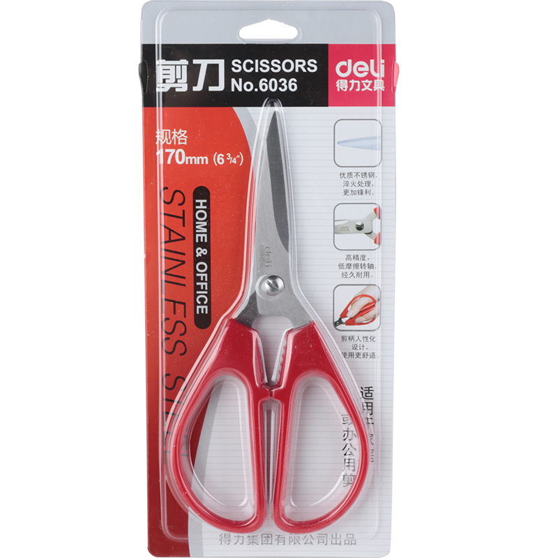 deli 6036 Scissors, 170mm, Red