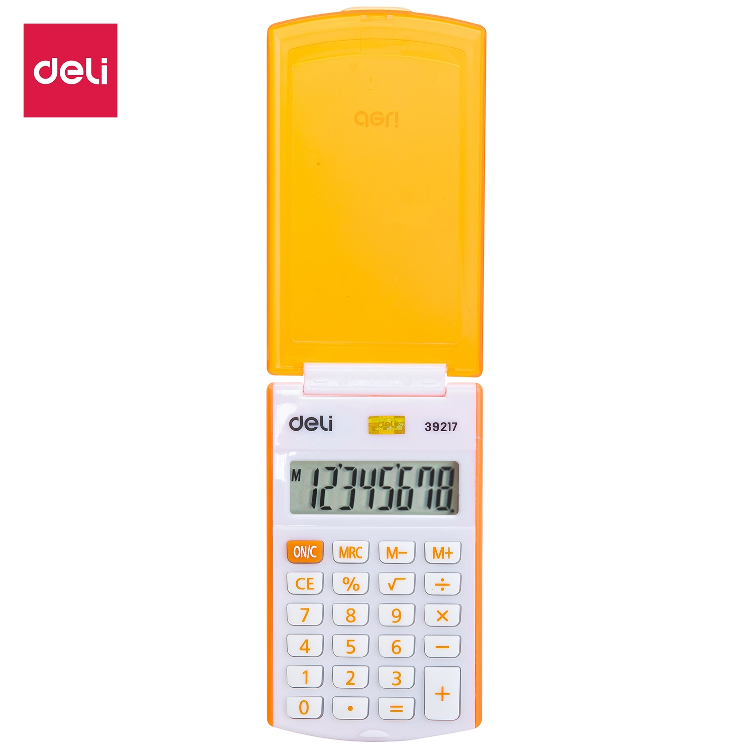 deli E39217 Portable Calculator, Plastic-8 digits,h/cover, Orange