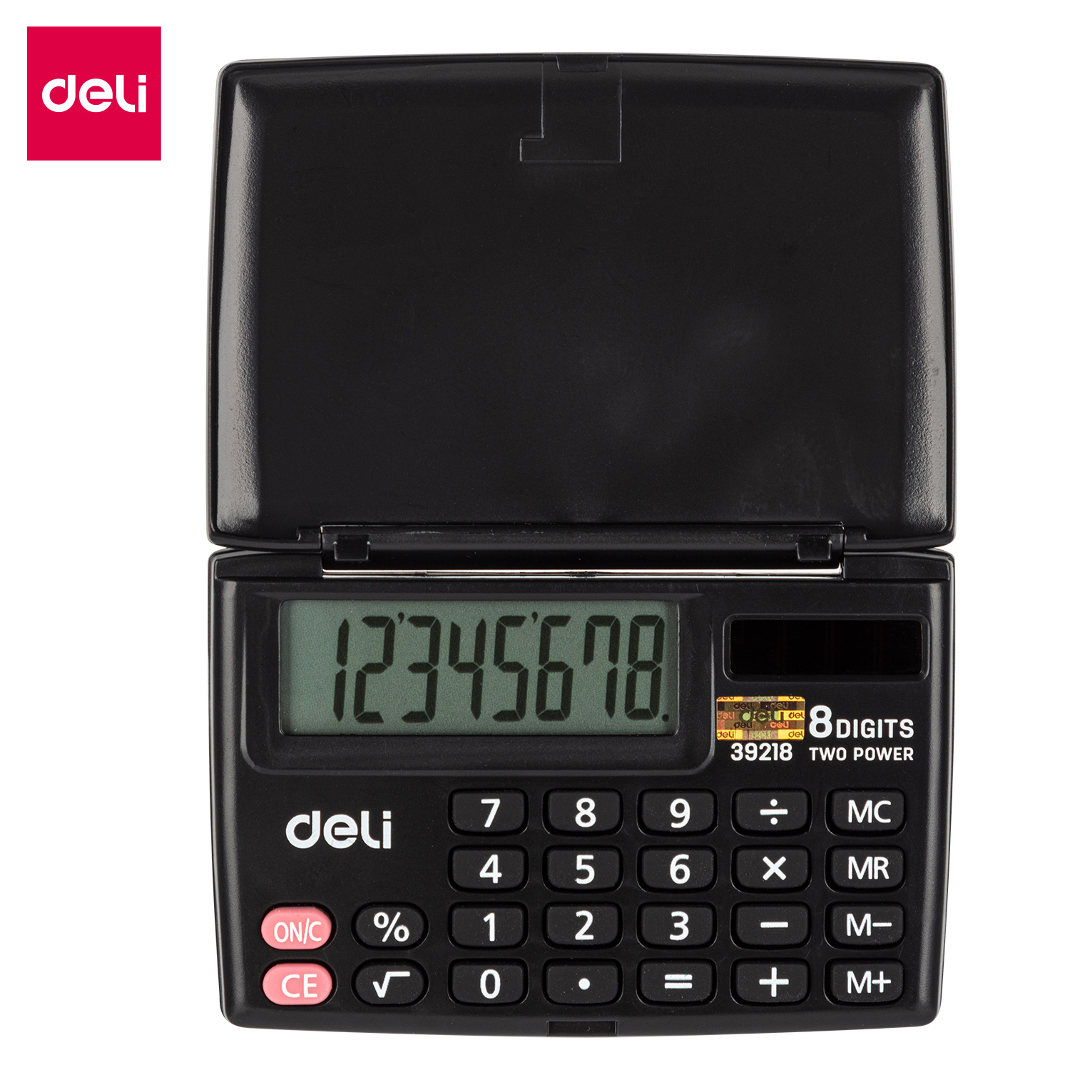 deli E39218 Portable Calculator, Plastic-8 digits,h/cover, Black
