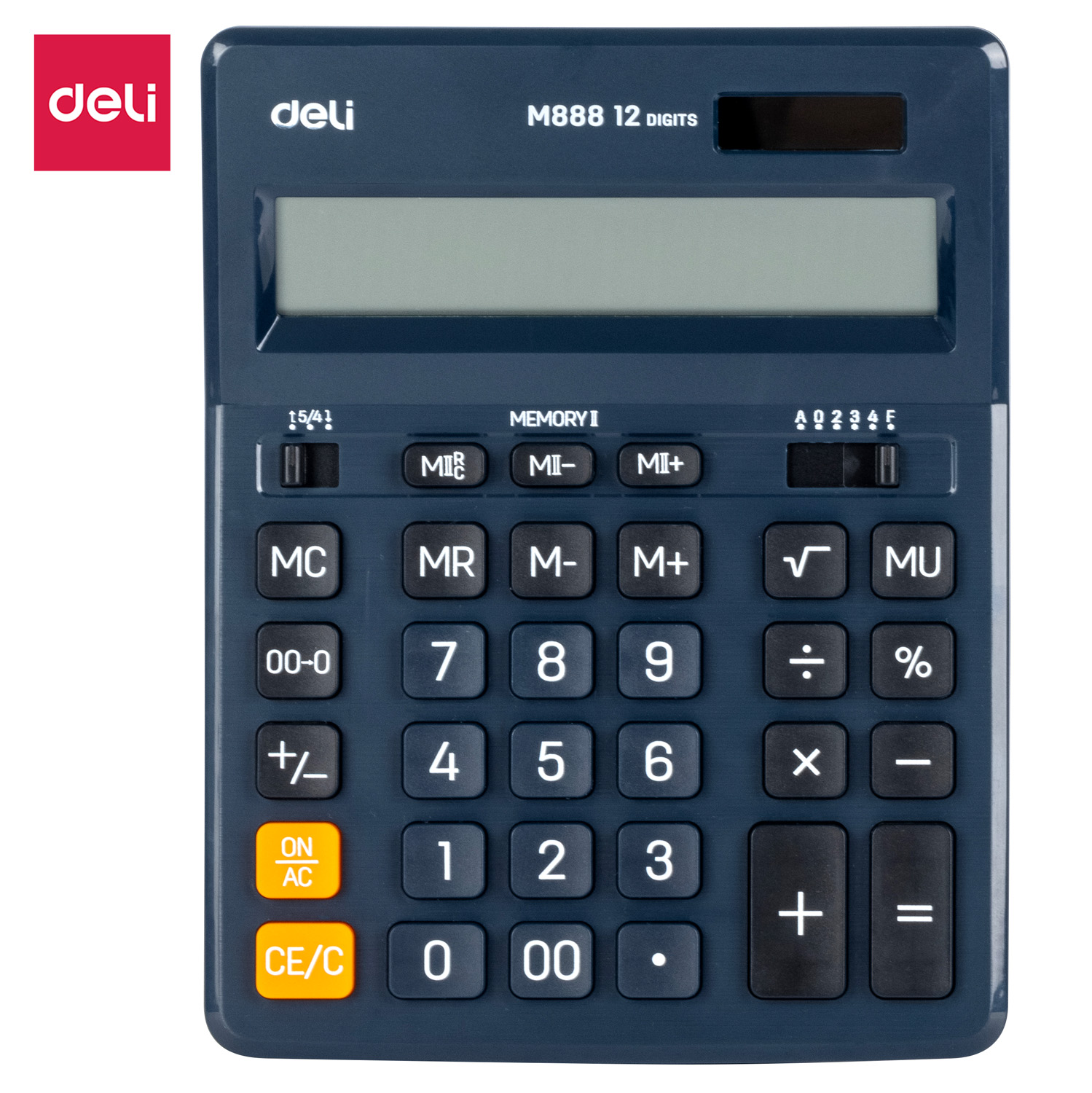 deli EM888F Dual-memory Calculator, Plastic-12 digits, Dark Blue