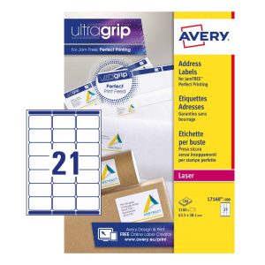 Avery Address Labels L7160-100 with Ultragrip and Quickpeel Technology, 63.5 x 38.1 mm, 21 Labels per Sheet, 100 Sheets in a Pack