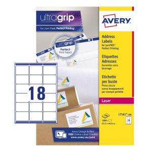 Avery Address Labels L7161-100 with Ultragrip and Quickpeel Technology, 63.5 x 46.6 mm, 18 Labels per Sheet, 100 Sheets in a Pack