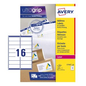 Avery Self Adhesive Address Mailing Labels L7162-100, Ultragrip Technology, 99.1x33.9 mm, 16 Labels per Sheet, 100 Sheets in a Pack