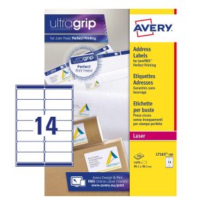 Avery Address Labels L7163-100 with Ultragrip and Quickpeel Technology, 99.1 x 38.1 mm, 14 Labels per Sheet, 100 Sheets in a Pack