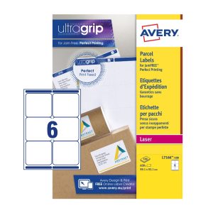 Avery Parcel Labels L7166-100 with Ultragrip Technology, 99.1 x 93.1 mm, 6 Labels per Sheet, 100 Sheets in a Pack