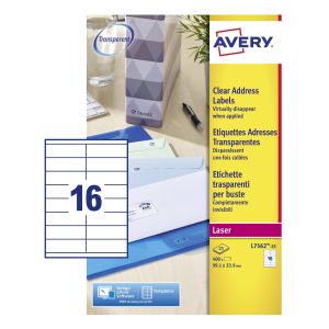 Avery Self Adhesive Clear Address Mailing Labels L7562-25, 99.1 x 34 mm, 16 Labels per Sheet, 25 Sheets in a Pack