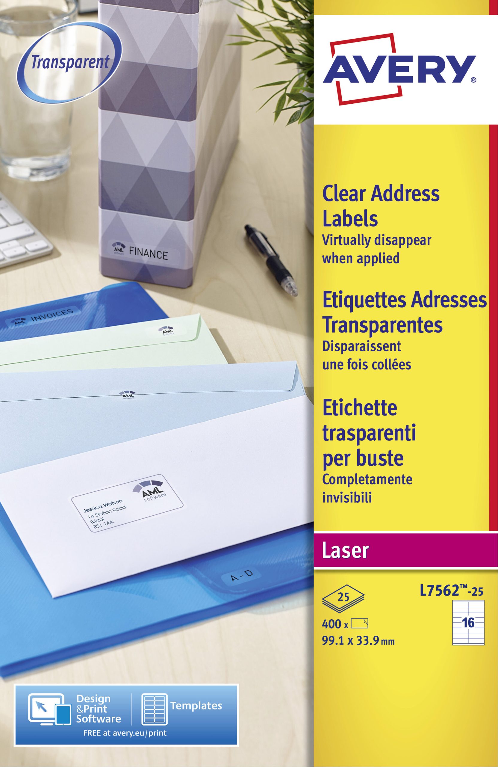 Avery Self Adhesive Clear Address Mailing Labels L7562-25, 99.1 x 34 mm, 16 Labels per Sheet, 25 Sheets in a Pack - Image 3
