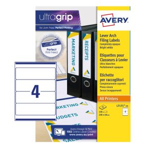 Avery Filing Labels L7171-25 with Ultragrip Technology, 200 x 60 mm, 4 Labels per Sheet, 25 Sheets in a Pack