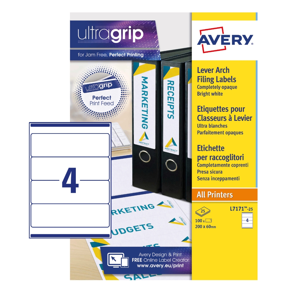 Avery Filing Labels L7171-25 with Ultragrip Technology, 200 x 60 mm, 4 Labels per Sheet, 25 Sheets in a Pack