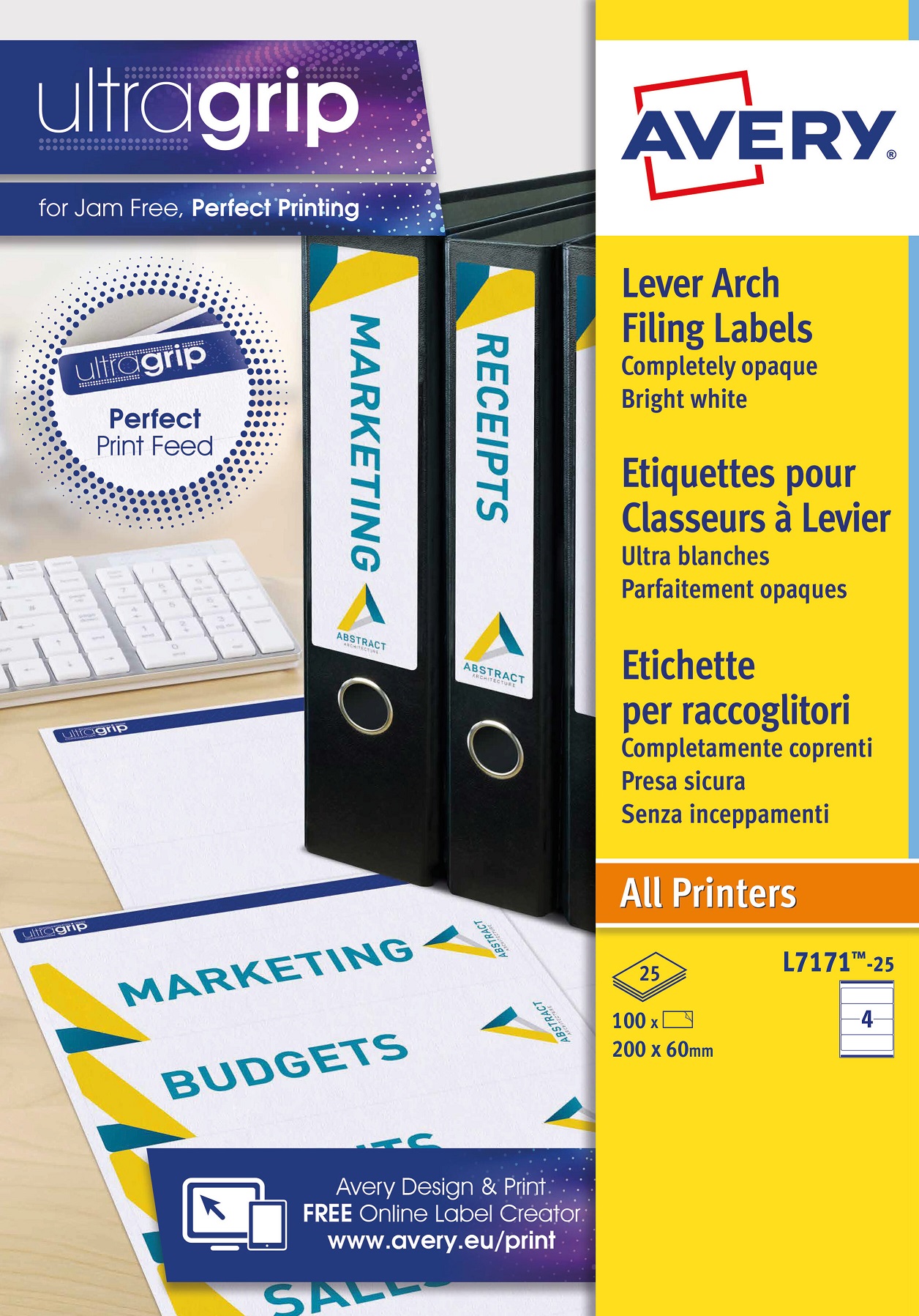 Avery Filing Labels L7171-25 with Ultragrip Technology, 200 x 60 mm, 4 Labels per Sheet, 25 Sheets in a Pack - Image 4