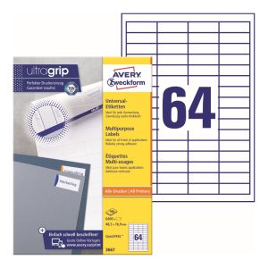 Avery Multipurpose Labels 3667, 48.5 x 16.9 mm, White, 64 Labels per Sheet, 100 Sheets in a Pack, for All Printers