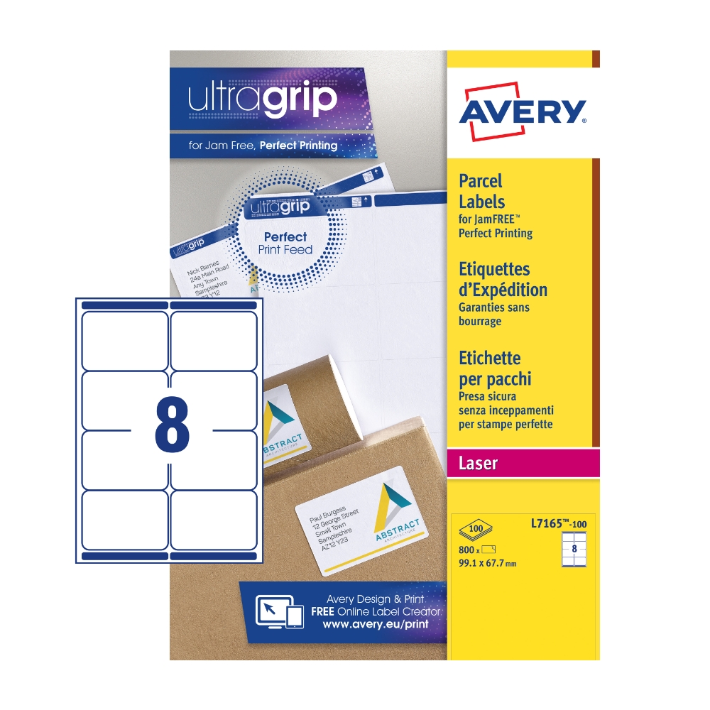 Avery Parcel Labels L7165-100 with Ultragrip Technology, 99.1 x 67.7 mm, 8 Labels per Sheet, 100 Sheets in a Pack