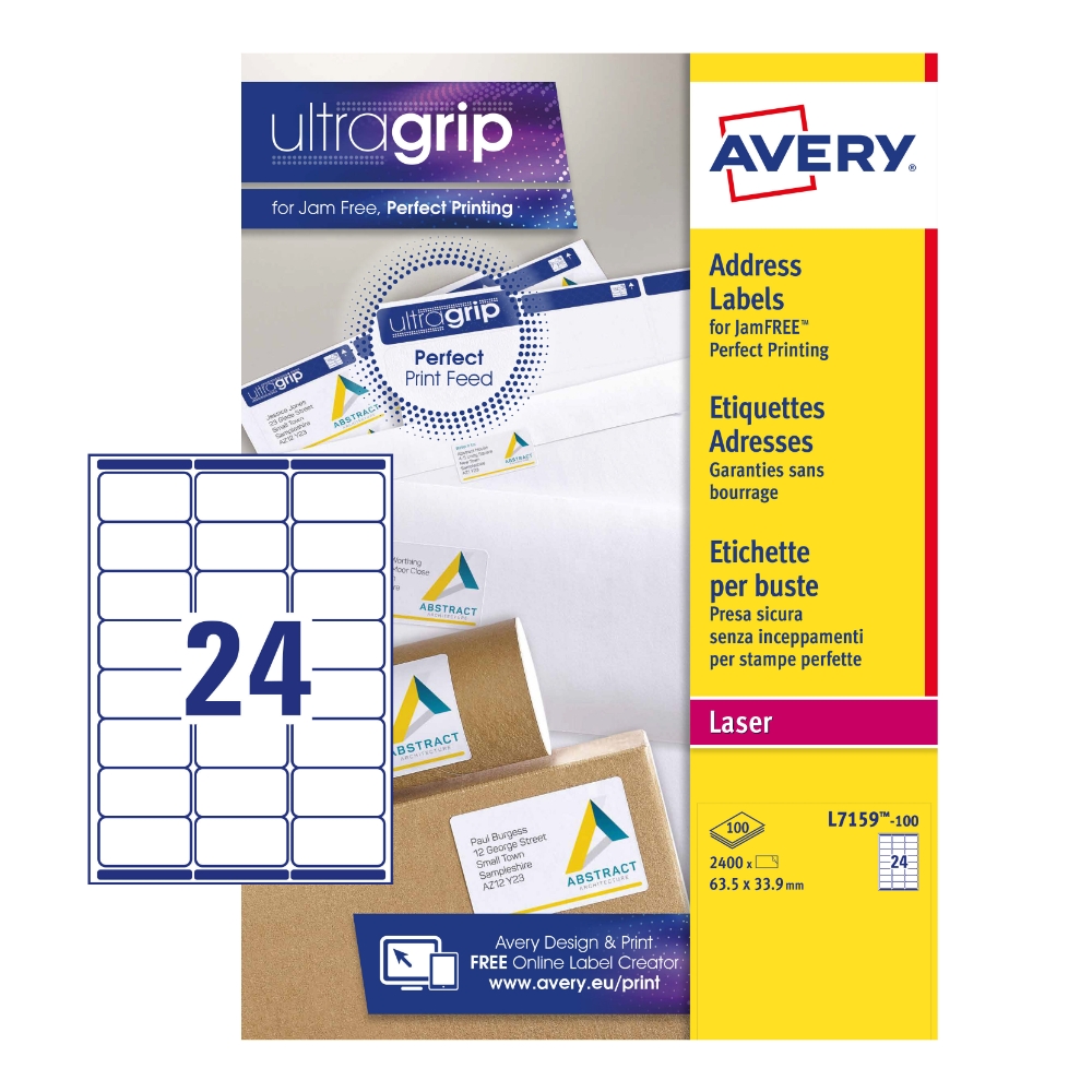 Avery Address Labels L7159-100 with Ultragrip and Quickpeel Technology, 63.5 x 33.9 mm, 24 Labels per Sheet, 100 Sheets per Pack