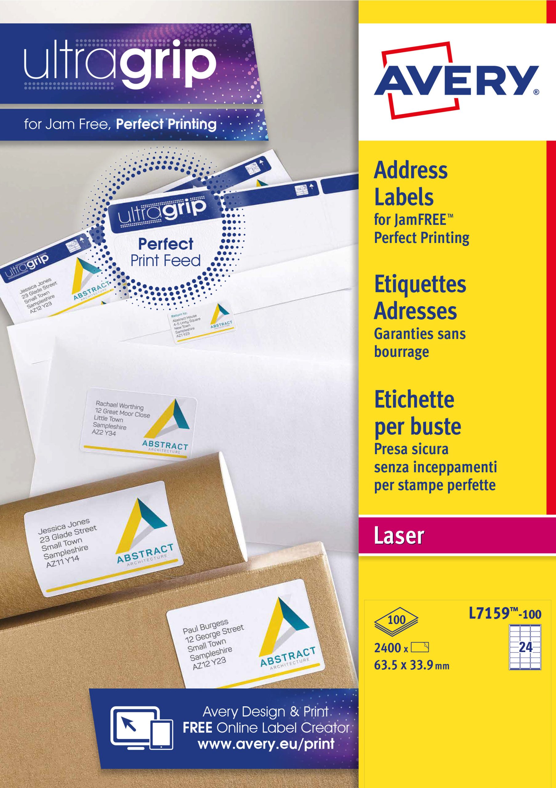 Avery Address Labels L7159-100 with Ultragrip and Quickpeel Technology, 63.5 x 33.9 mm, 24 Labels per Sheet, 100 Sheets per Pack - Image 4