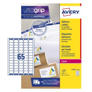 Avery Mini Laser Labels, L7651-100, 38x21mm White, 65 Labels per Sheet, 100 Sheets in a Pack