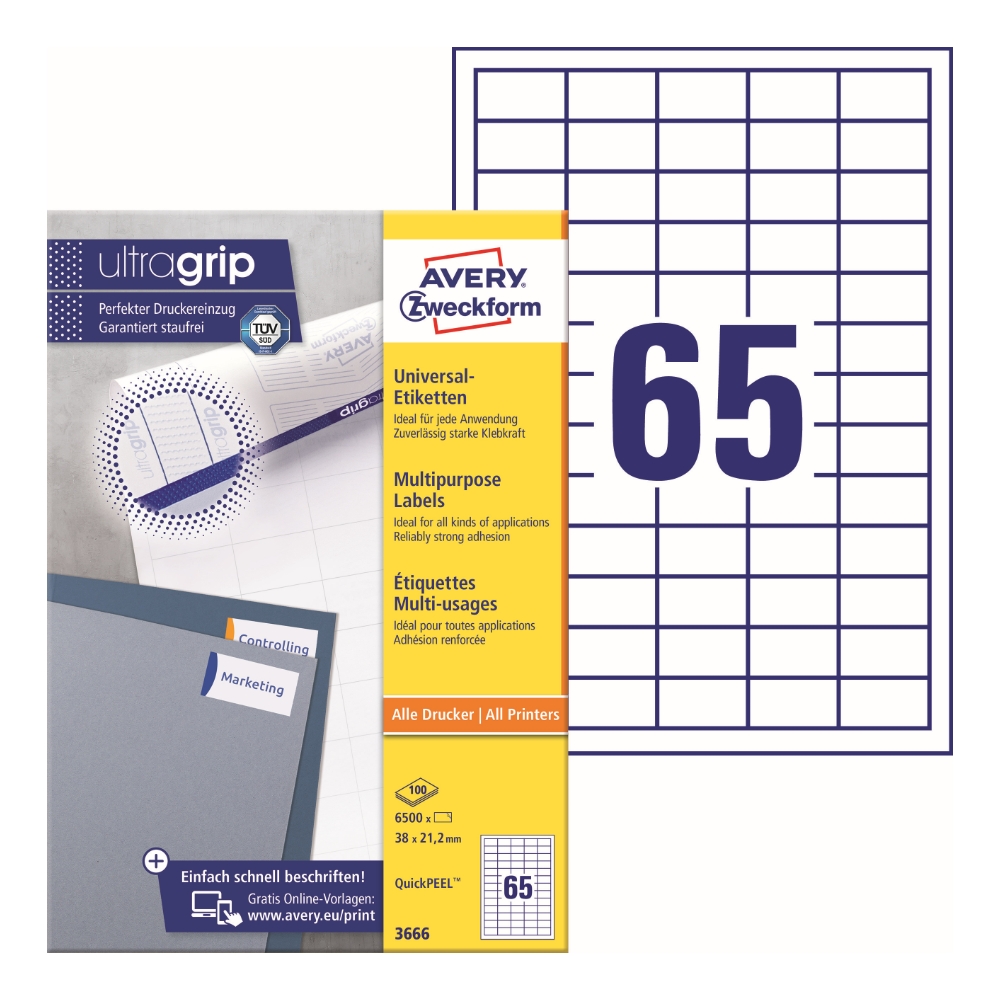 Avery Multipurpose Labels 3666, 38 x 21.2 mm, 65 Labels per Sheet, 100 Sheets in a Pack, for All Printers