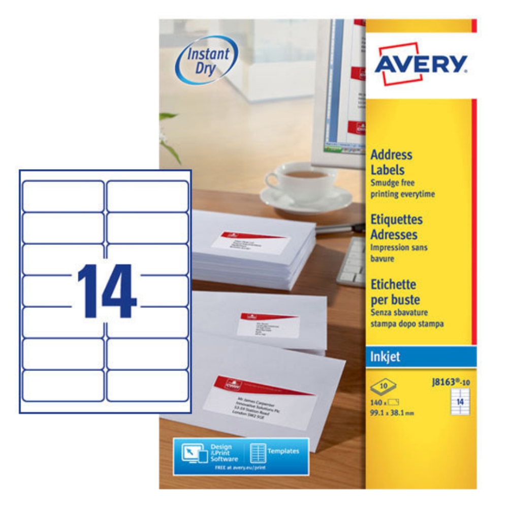 Avery J8163 - Quick Dry Address Labels, 99.1x38.1mm, 14 Labels per Sheet, 10 Sheets in a Pack