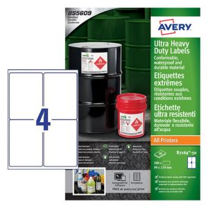 Avery Ultra Heavy Duty Industrial Waterproof GHS Labels B7169-50 Extra Strong Adhesive, 99 x 139 mm, 4 Labels per Sheet, 50 Sheets in a Pack