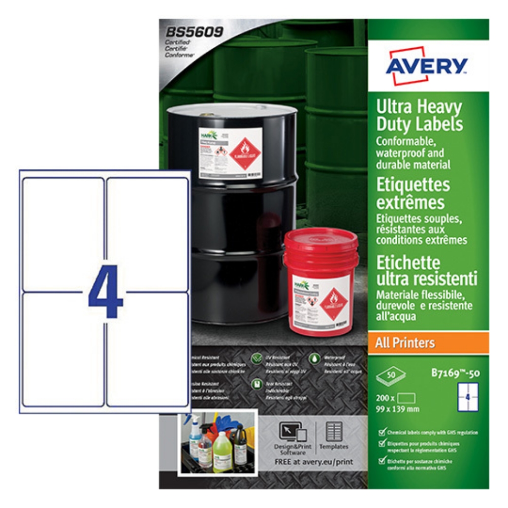 Avery Ultra Heavy Duty Industrial Waterproof GHS Labels B7169-50 Extra Strong Adhesive, 99 x 139 mm, 4 Labels per Sheet, 50 Sheets in a Pack
