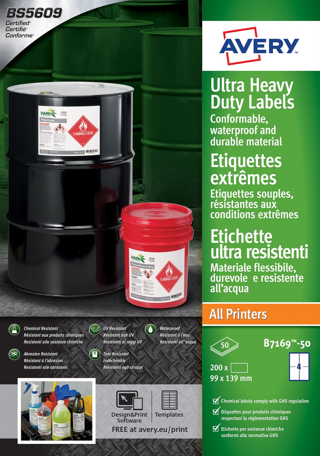 Avery Ultra Heavy Duty Industrial Waterproof GHS Labels B7169-50 Extra Strong Adhesive, 99 x 139 mm, 4 Labels per Sheet, 50 Sheets in a Pack - Image 4