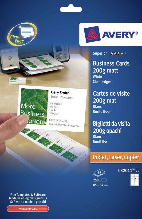 Avery Superior Business Cards C32011-25, 85 x 54 mm, Matt, 200gsm, 10 Cards per Sheet, 25 Sheets in a Pack - Image 3