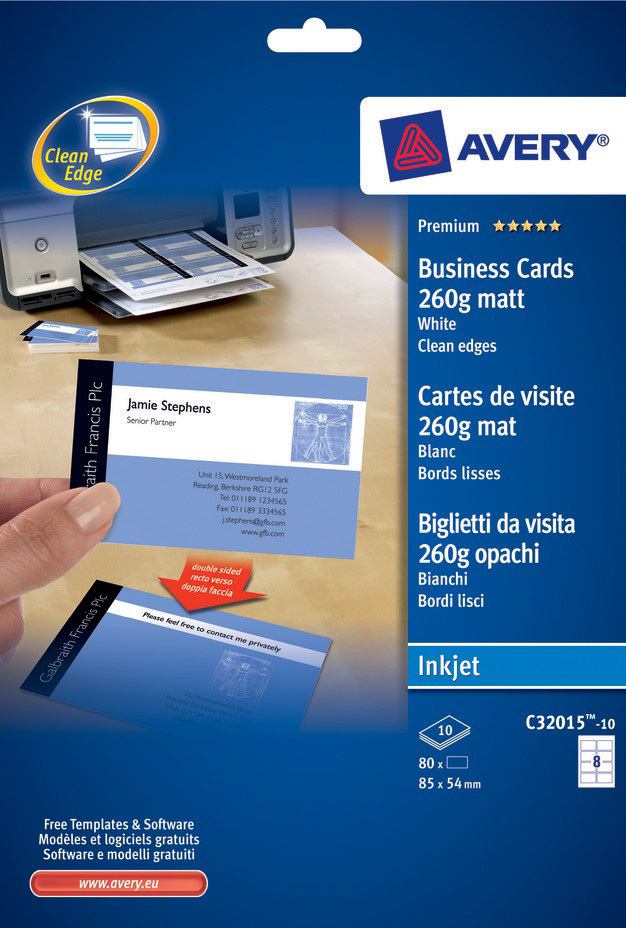 Avery Premium Business Cards C32015-10, 85 x 54 mm, Matt, 260gsm, 8 Cards per Sheet, 10 Sheets in a Pack - Image 3