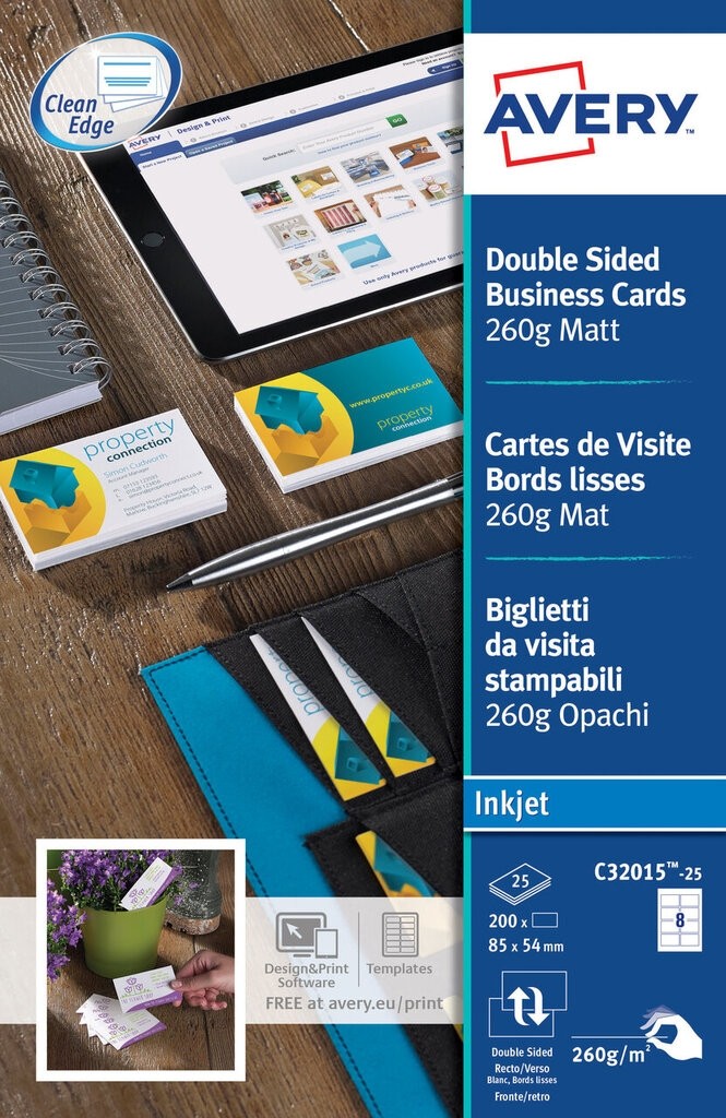Avery Premium Business Cards C32015-25, 85 x 54 mm, Matt, 260gsm, 8 Cards per Sheet, 25 Sheets in a Pack - Image 3