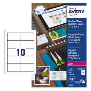 Avery Premium Business Cards C32026-25, 85 x 54 mm, Satin White, 270gsm, 10 Cards per Sheet, 25 Sheets in a Pack