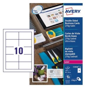 Avery Premium Business Cards C32026-10, 85 x 54 mm, Satin White, 270gsm, 10 Cards per Sheet, 10 Sheets per Pack