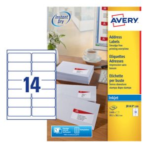Avery Address Labels for Inkjet Printers J8163-100, 99.1 x 38.1mm Labels, White, 14 Labels per Sheet, 100 Sheets in a Pack