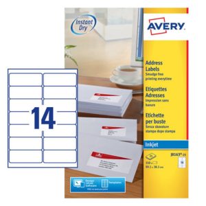 Avery Address Labels for Inkjet Printers J8163-25, 99.1 x 38.1mm Labels, White, 14 Labels per Sheet, 25 Sheets in a Pack