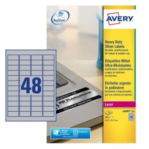 Avery Silver Heavyduty Labels L6009-20, 45.7 x 21.2 mm, 48 Labels per Sheet, 20 Sheets per Pack, for B/w Laser Printer