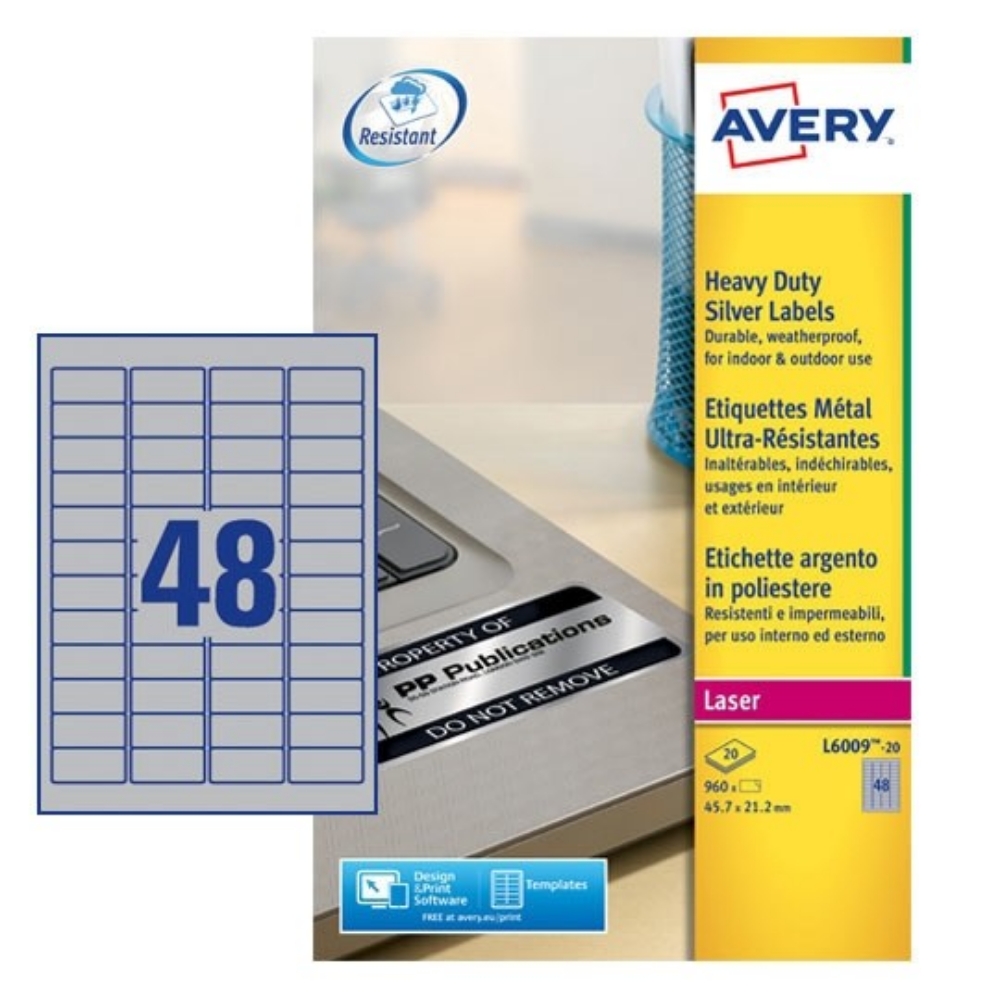 Avery Silver Heavyduty Labels L6009-20, 45.7 x 21.2 mm, 48 Labels per Sheet, 20 Sheets per Pack, for B/w Laser Printer