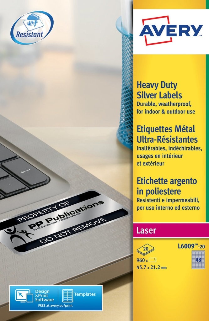Avery Silver Heavyduty Labels L6009-20, 45.7 x 21.2 mm, 48 Labels per Sheet, 20 Sheets per Pack, for B/w Laser Printer - Image 4