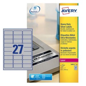 Avery Silver Heavyduty Labels L6011-20, 63.5 x 29.6 mm, 27 Labels in a Sheet, 20 Sheets per Pack, for B/w Laser Printer