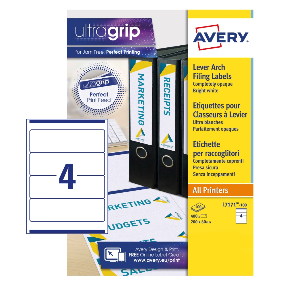 Avery Filing Labels L7171-100 with Ultragrip Technology, 200 x 60 mm, 4 Labels per Sheet, 100 Sheets in a Pack