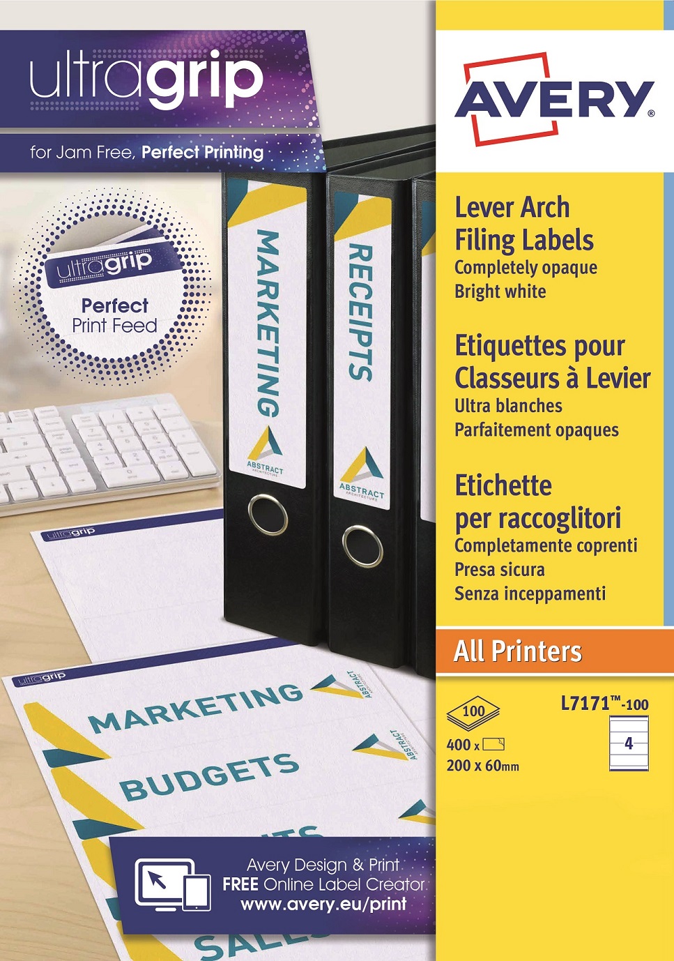 Avery Filing Labels L7171-100 with Ultragrip Technology, 200 x 60 mm, 4 Labels per Sheet, 100 Sheets in a Pack - Image 4