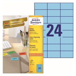 Avery Multipurpose Labels 3449, 70 x 37 mm, Blue, 24 Labels per Sheet, 100 Sheets in a Pack, for All Printers