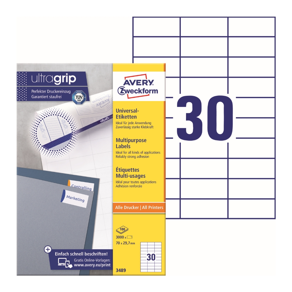 Avery Multipurpose Labels 3489, 70 x 29.7 mm, White, 30 Labels per Sheet, 100 Sheets in a Pack, for All Printers