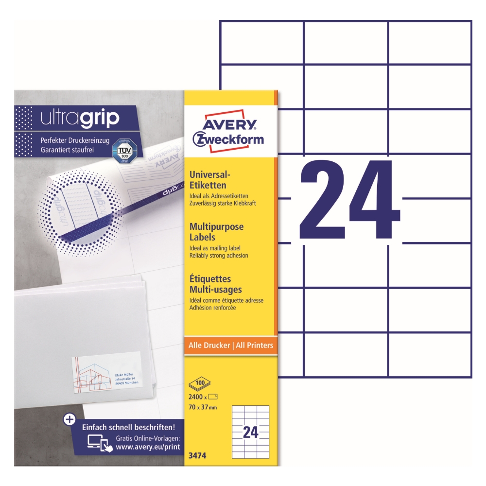 Avery Multipurpose Labels 3474, 70 x 37 mm Labels, 24 Labels per Sheet, 100 Sheets in a Pack, for All Printers