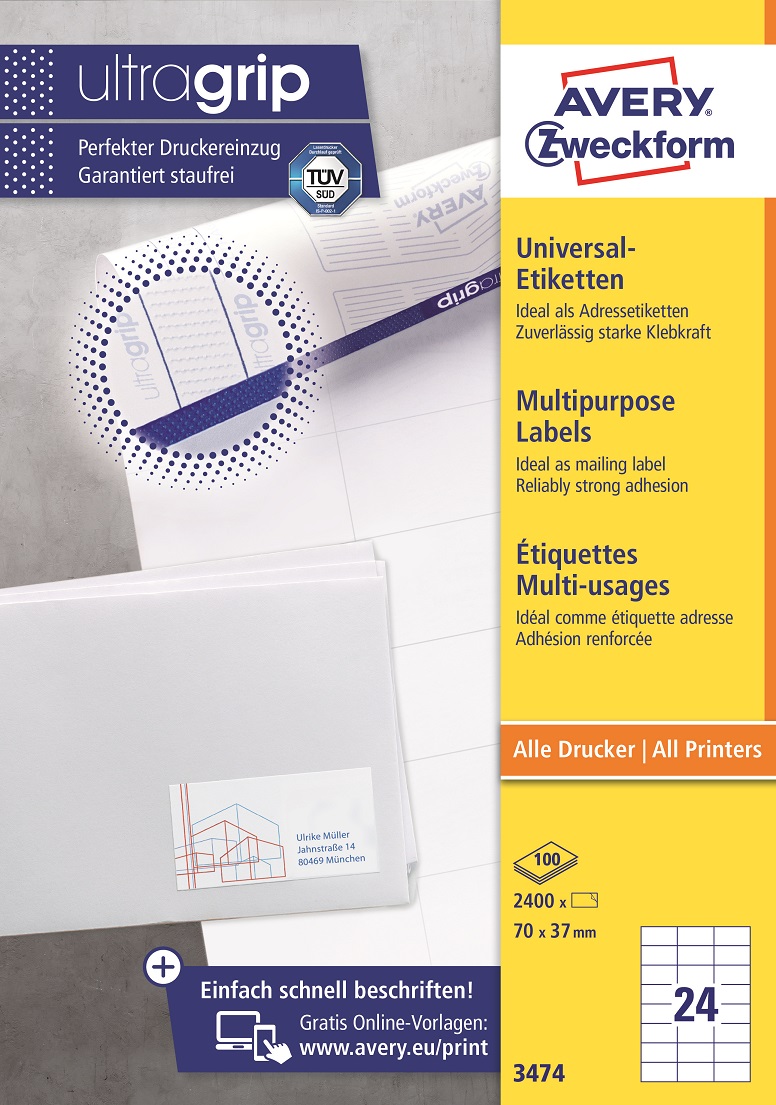 Avery Multipurpose Labels 3474, 70 x 37 mm Labels, 24 Labels per Sheet, 100 Sheets in a Pack, for All Printers - Image 3